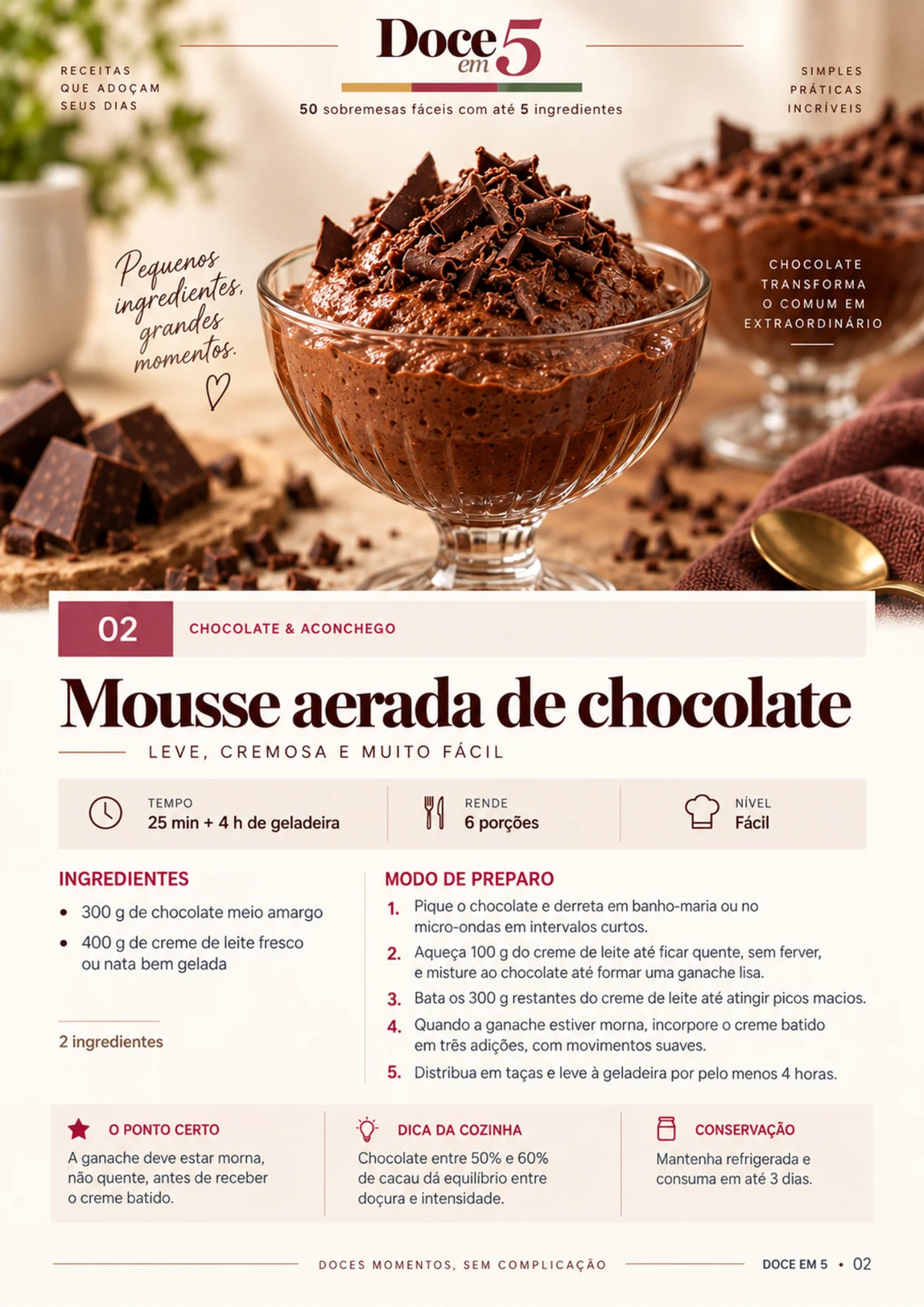 Página do e-book com a receita de mousse aerada de chocolate